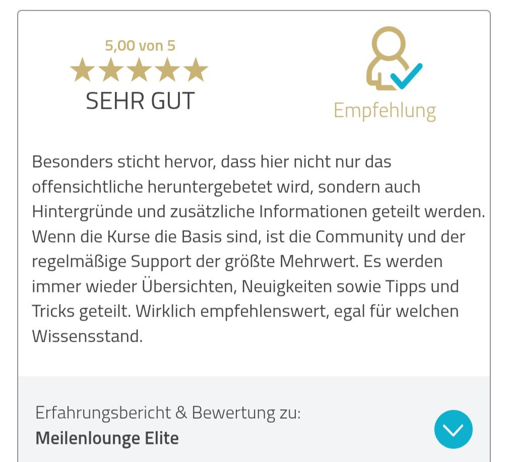 ProvenExpert-Bewertung mit 5,00 von 5 zu Meilenlounge Elite über Community und Support