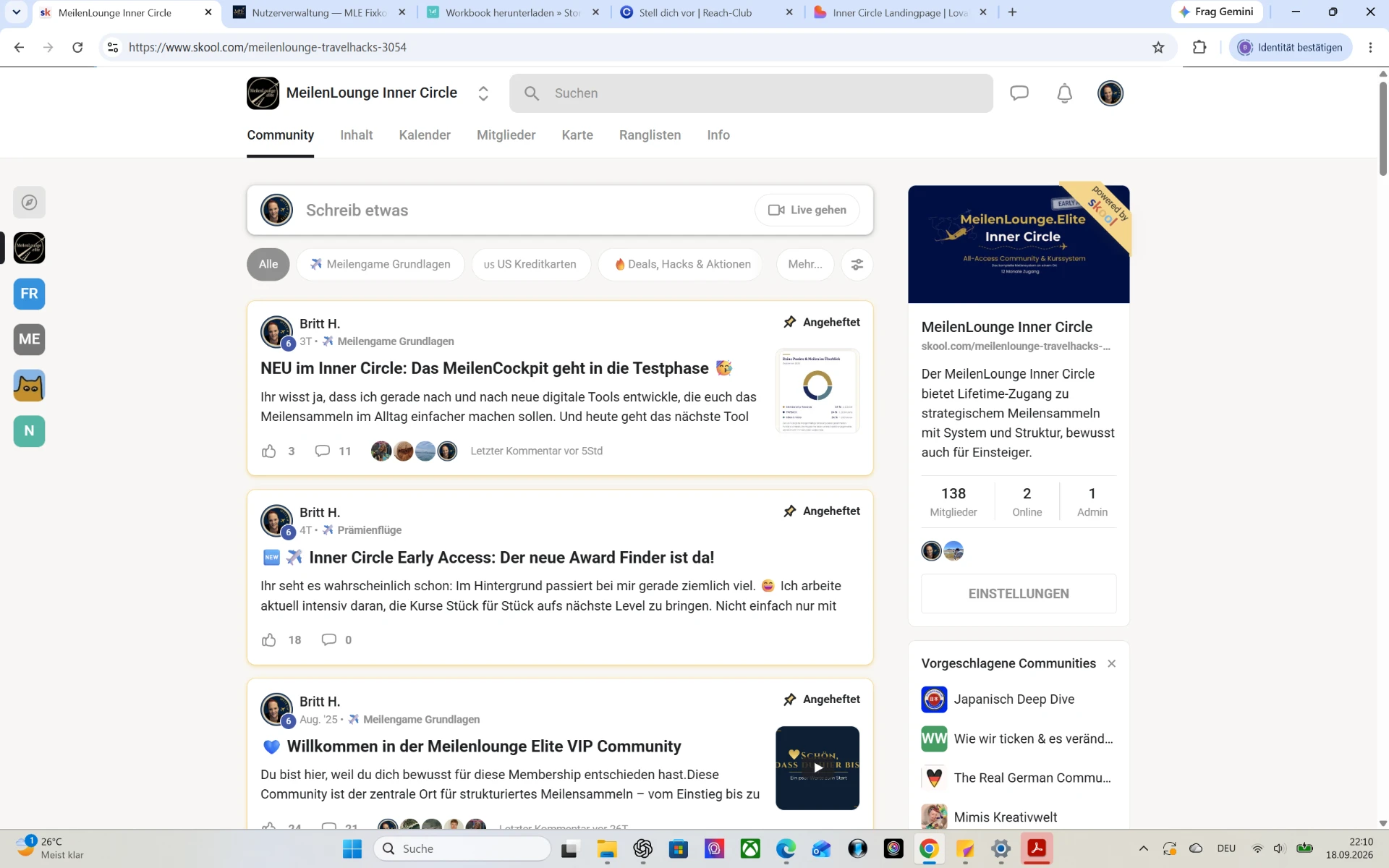 Screenshot der MeilenLounge Inner Circle Community mit aktuellen Beiträgen, Kommentaren und Mitgliederübersicht