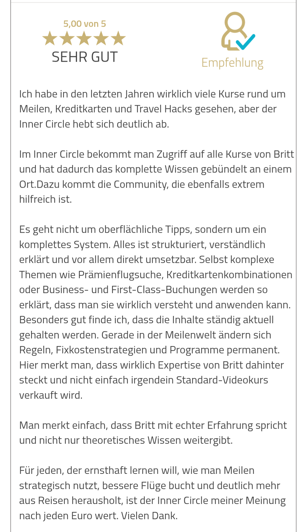 Ausführliche ProvenExpert-Bewertung zum Inner Circle der Meilenlounge Elite